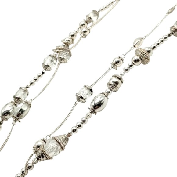 Silver-Tone Double-Strand Beaded Long Chain Necklace 38" - Boho Statement - Picture 2 of 16